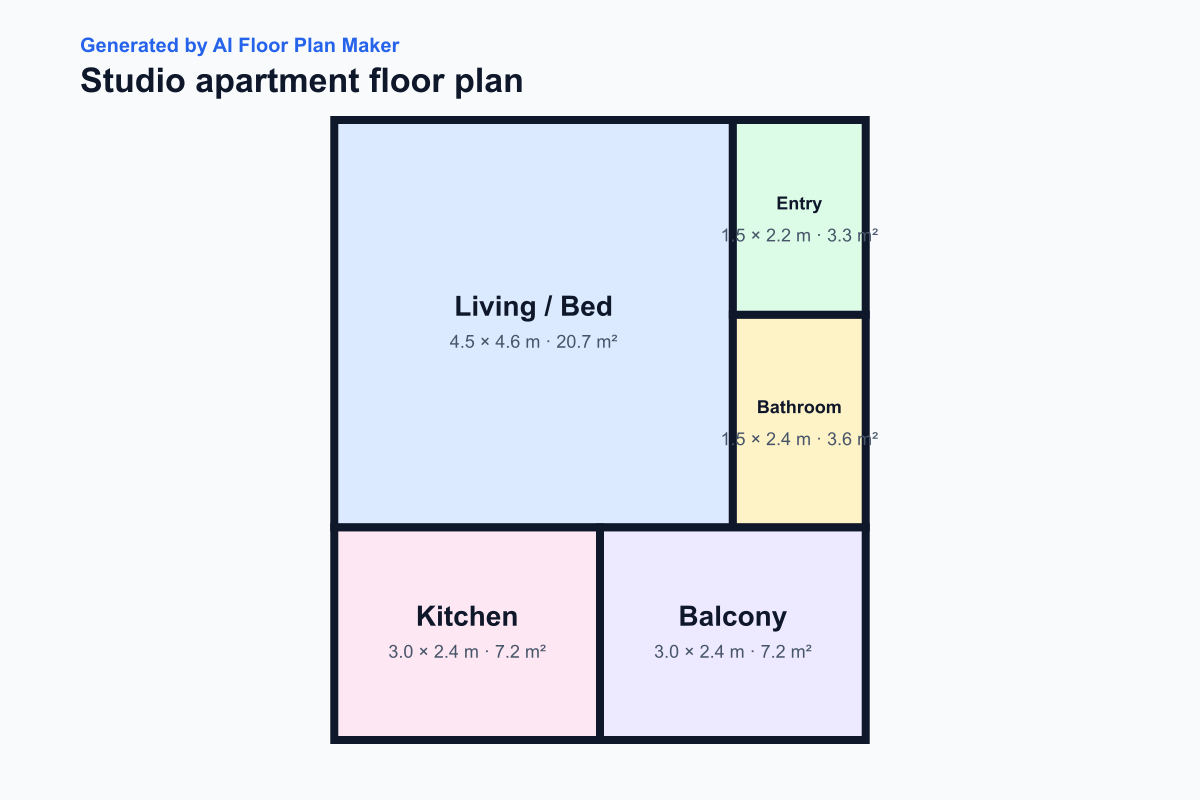 AI-generated studio apartment floor plan with living, sleeping, kitchen, bath and balcony areas